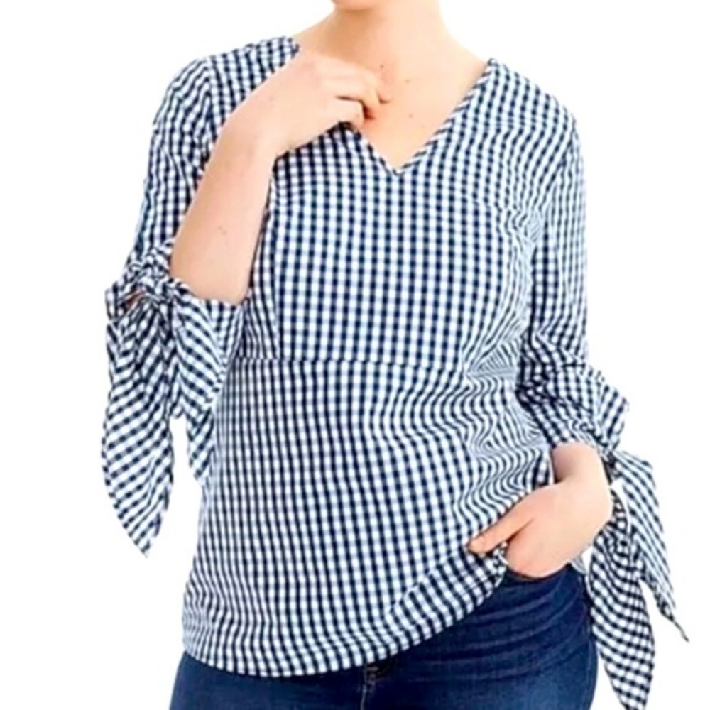 Universal Standard for J.Crew poplin tie-sleeve top in gingham M $90 J8419
